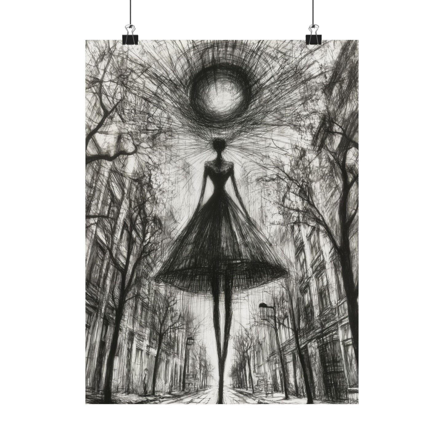 Abstract Woman in the City Poster – Surreal Black and White Wall Art Print