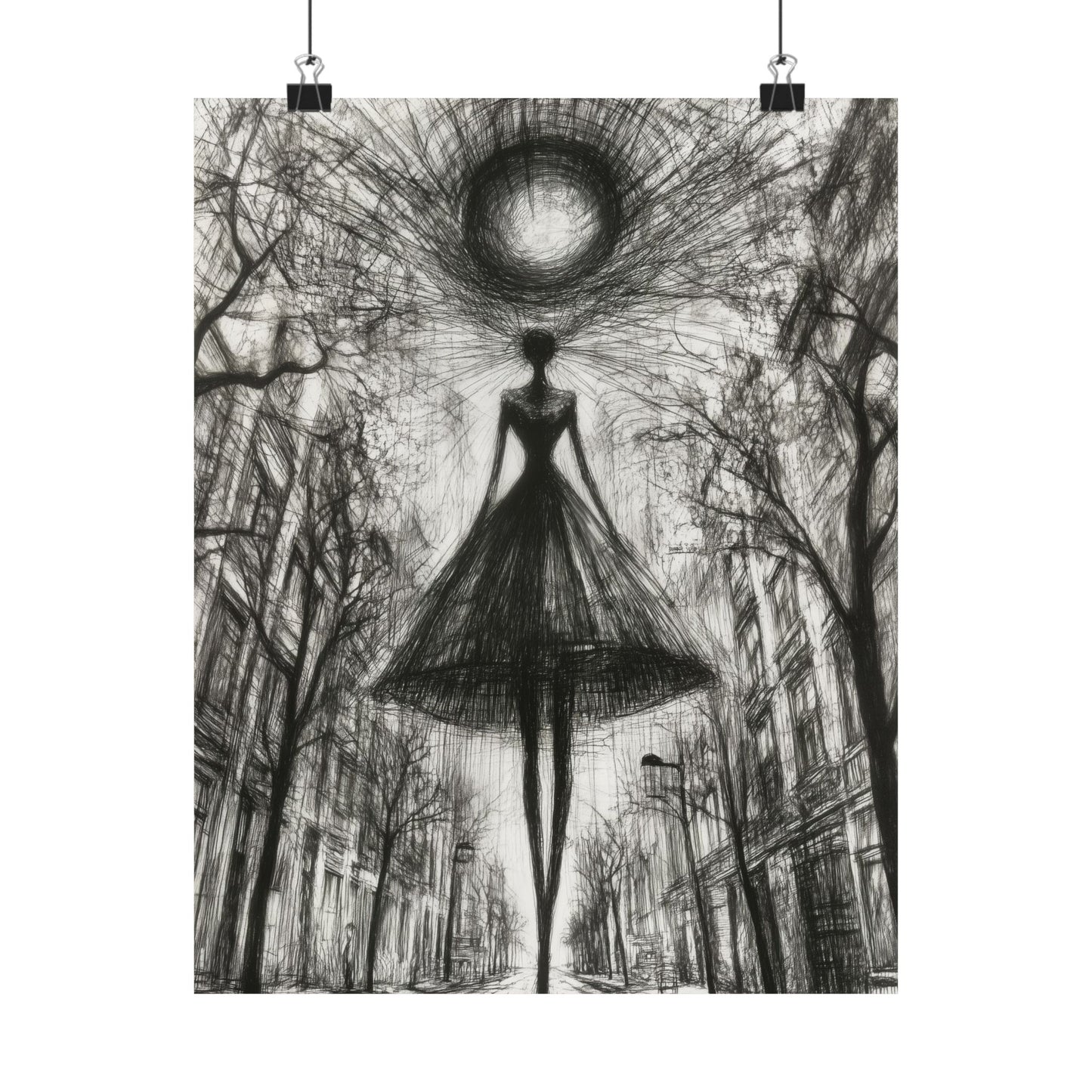 Abstract Woman in the City Poster – Surreal Black and White Wall Art Print