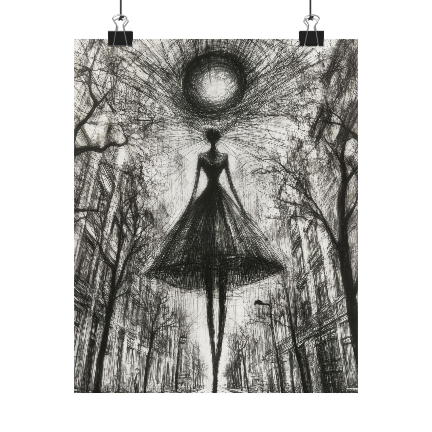 Abstract Woman in the City Poster – Surreal Black and White Wall Art Print