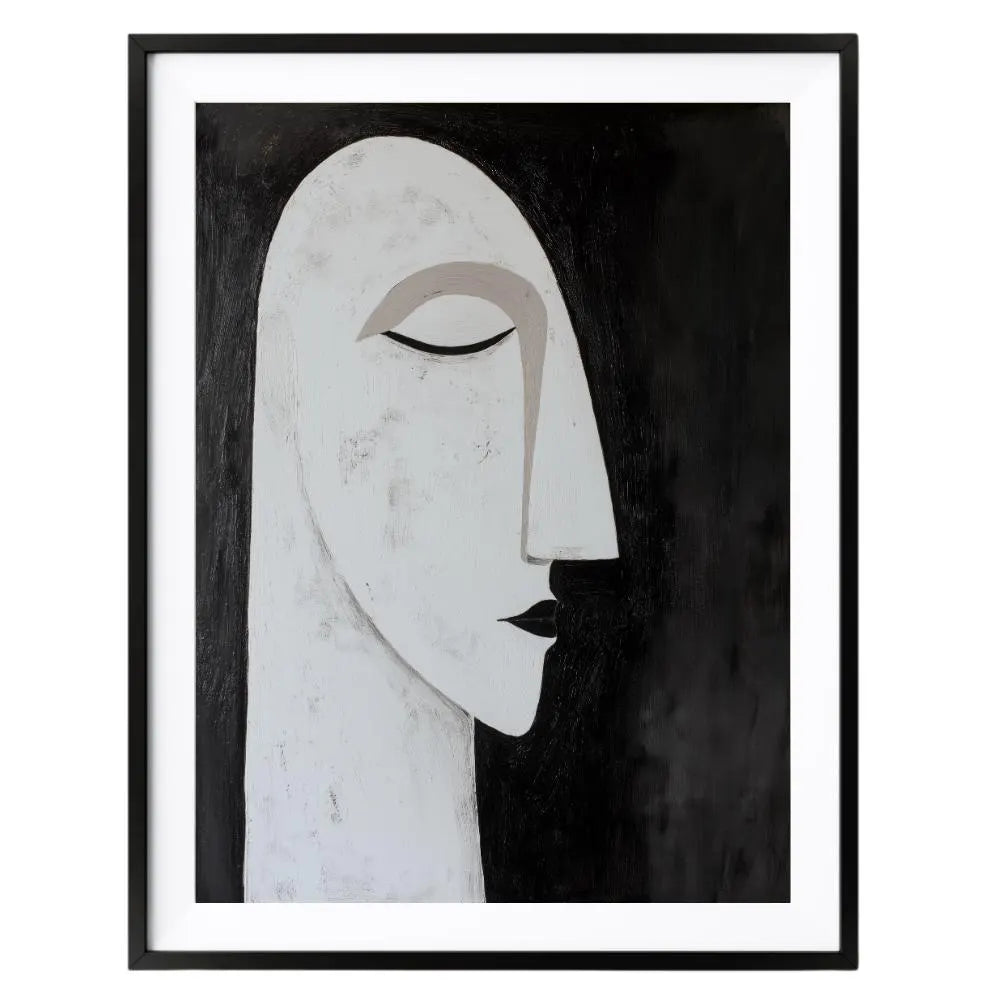 Minimalistisches Gesichter-Poster – Zeitgenössischer Schwarz-Weiß-Wanddruck