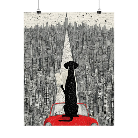 Dog in the City Poster – Modern Animal Wall Art Print with Red Car and Newspaper