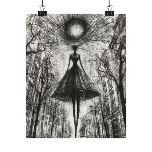 Abstract Woman in the City Poster – Surreal Black and White Wall Art Print
